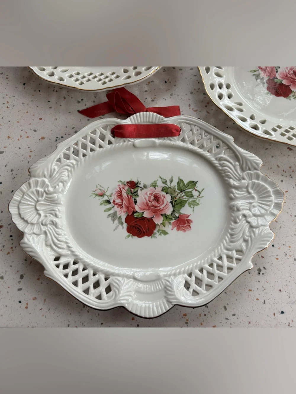 Baum Bros “Amalfi” Porcelain Plate Set – Rose Floral Ribbon Wall Plates Set of 3
